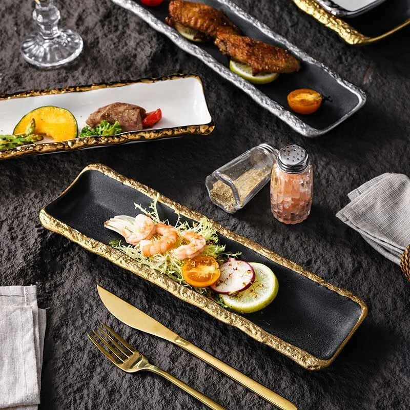 Black Ceramic Sushi Plate With Gold Rim (1)