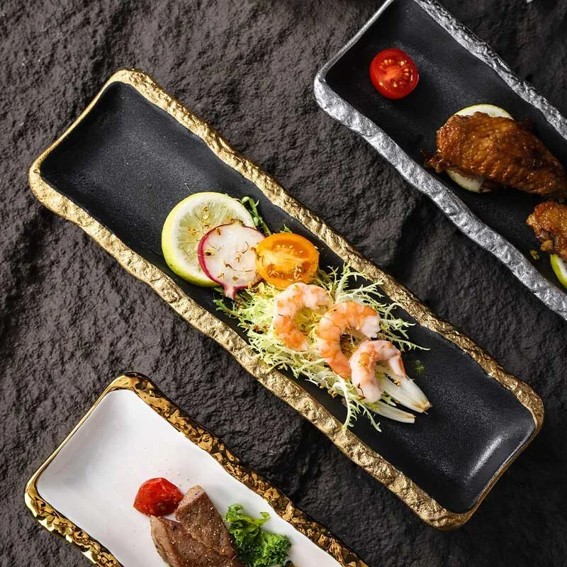 Black Ceramic Sushi Plate With Gold Rim (2)