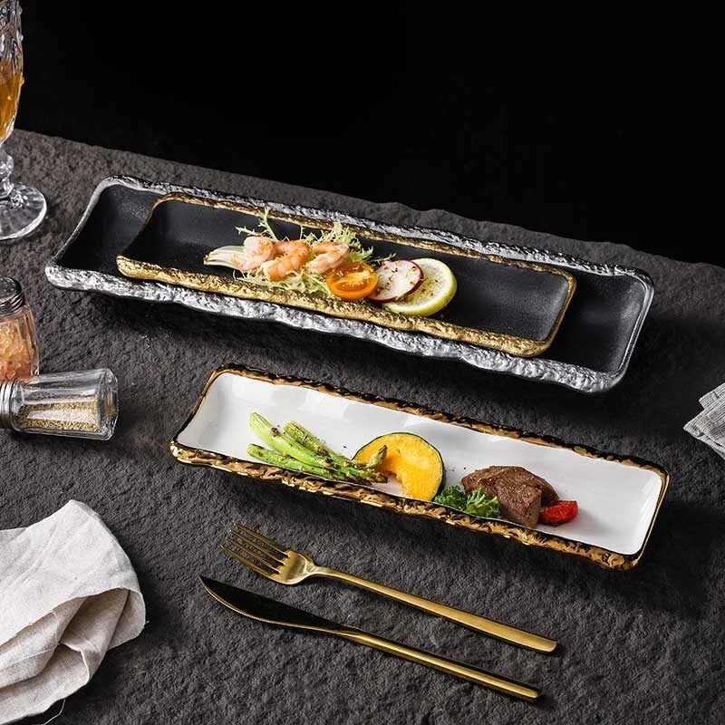 Black Ceramic Sushi Plate With Gold Rim (3)