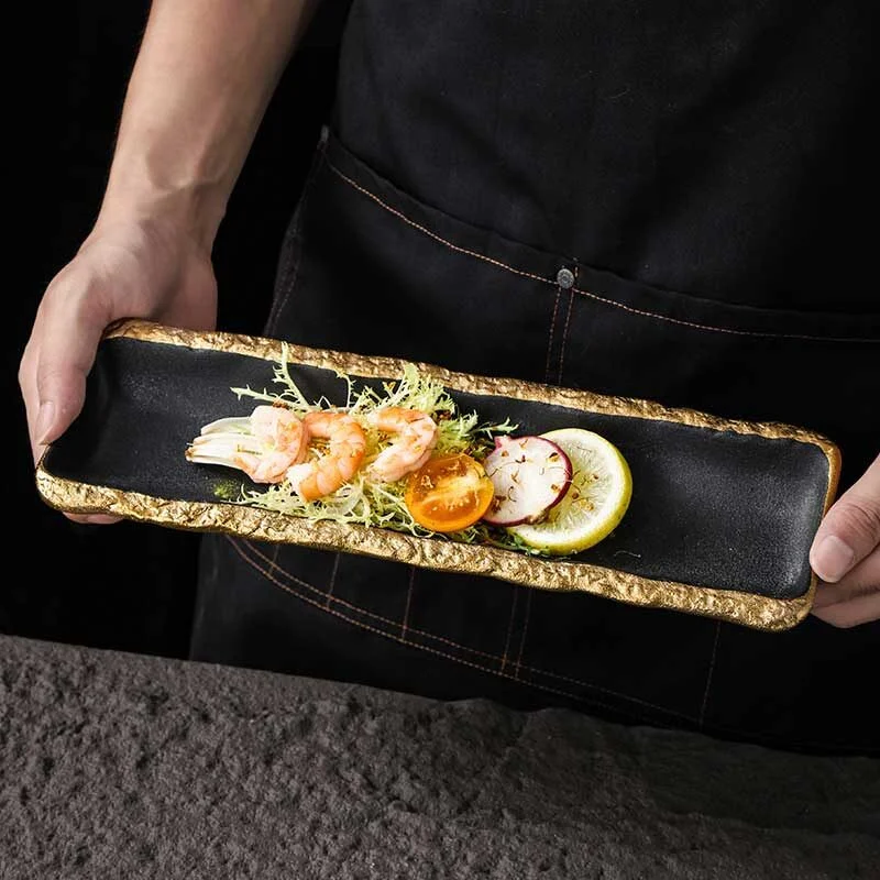 Black Ceramic Sushi Plate With Gold Rim (4)