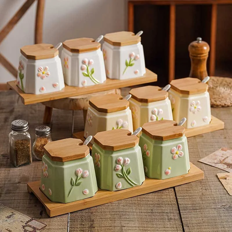 Floral Relief Ceramic Spice Jar Set (2)