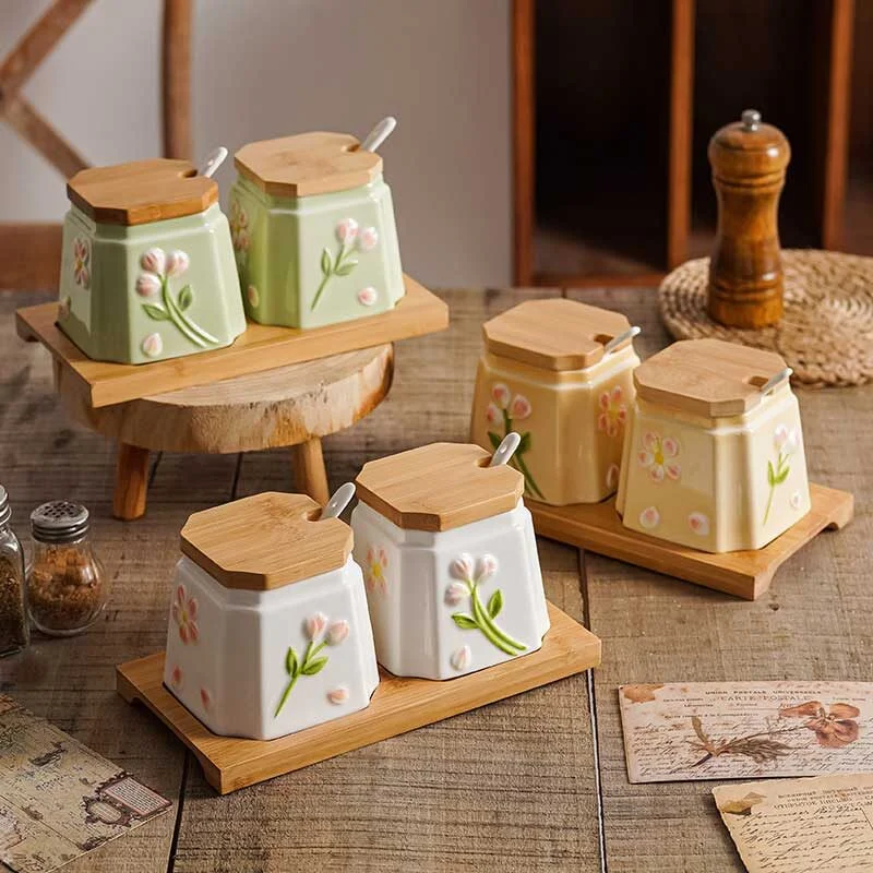 Floral Relief Ceramic Spice Jar Set (3)