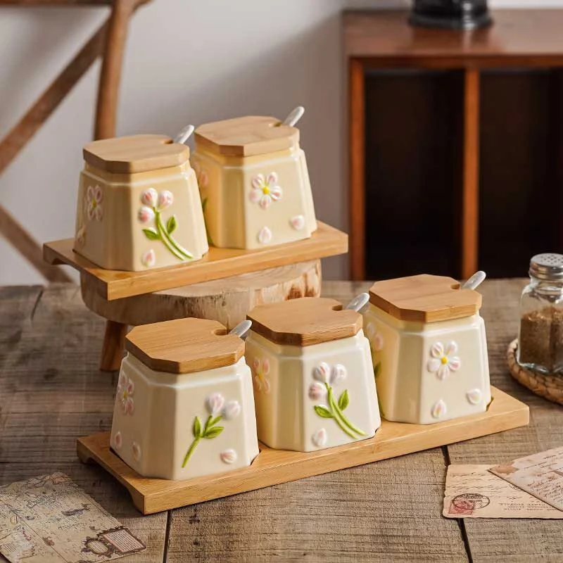 Floral Relief Ceramic Spice Jar Set (4)