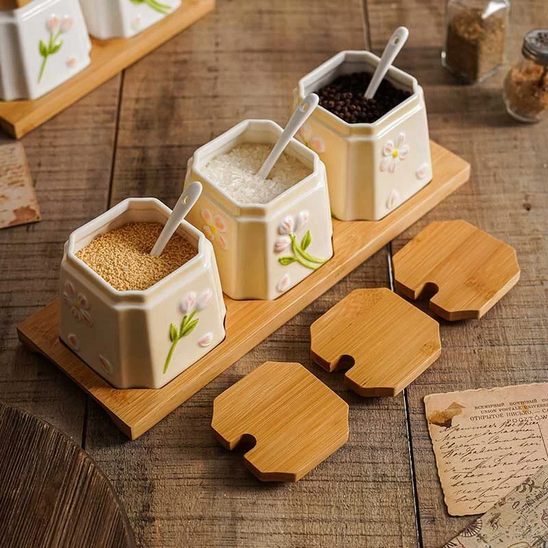 Floral Relief Ceramic Spice Jar Set (5)