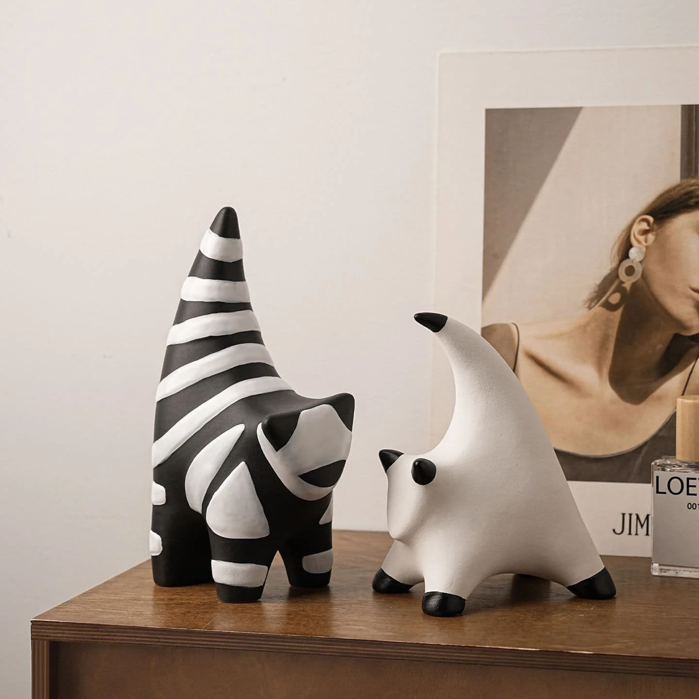 Geometric Black & White Striped Cat Figurine Set (2)