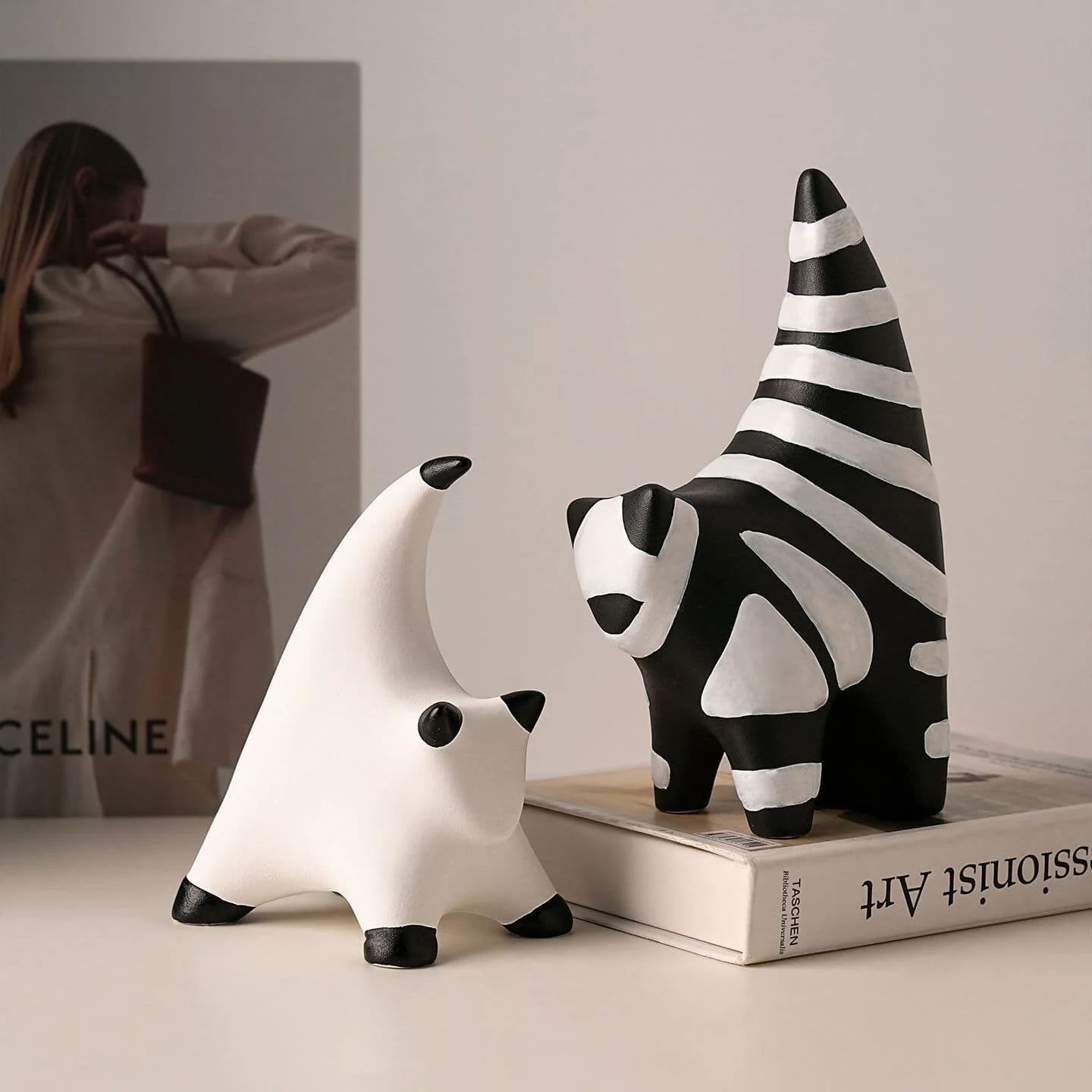 Geometric Black & White Striped Cat Figurine Set (3)