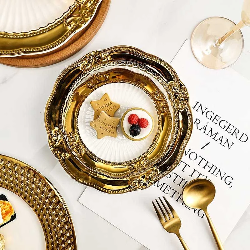 Gold Rimmed Embossed Ceramic Dinner Plate (1)