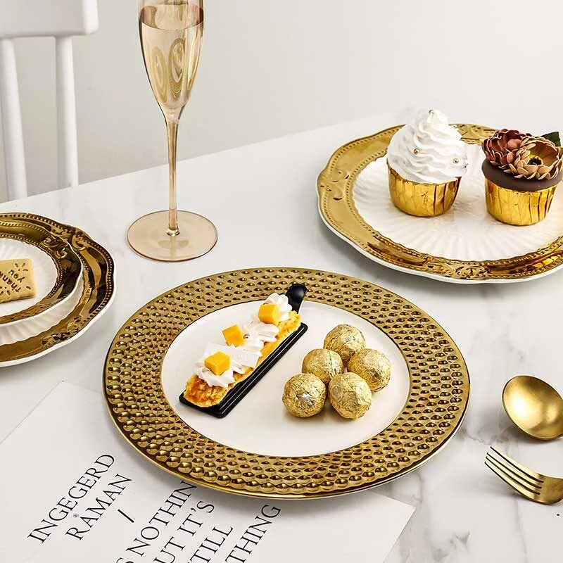 Gold Rimmed Embossed Ceramic Dinner Plate (2)