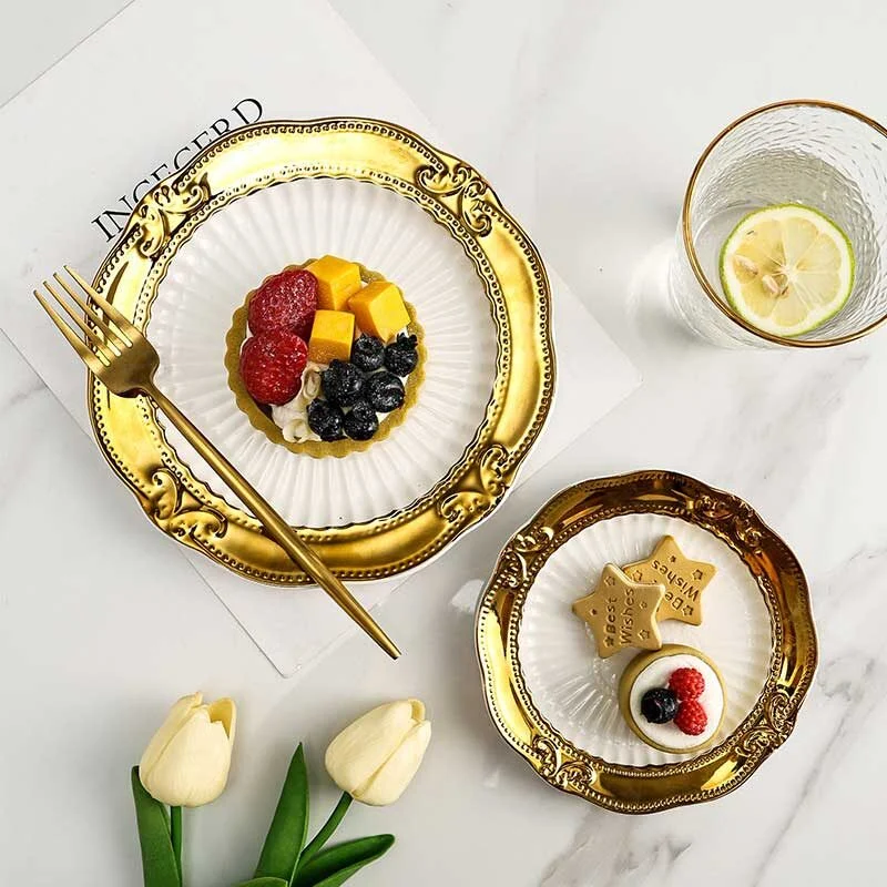 Gold Rimmed Embossed Ceramic Dinner Plate (3)