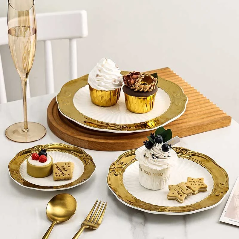 Gold Rimmed Embossed Ceramic Dinner Plate (4)