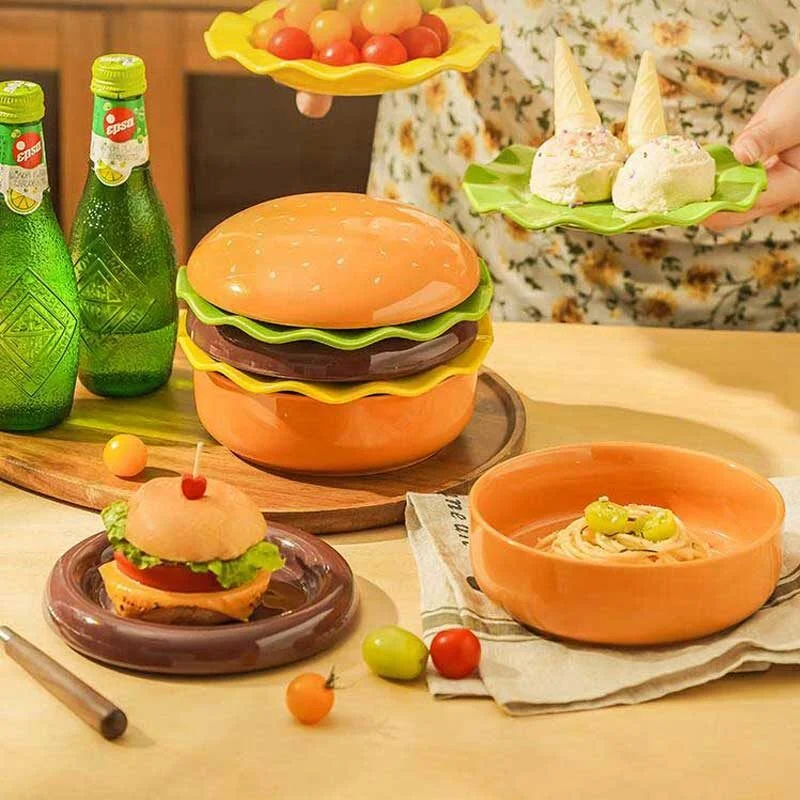 Hamburger Inspired Ceramic Bowl & Plate Set – Creative Tableware (1)