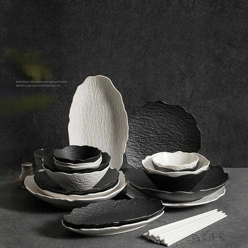 Japanese Style Black & White Stone Pattern Ceramic Tableware Set (1)