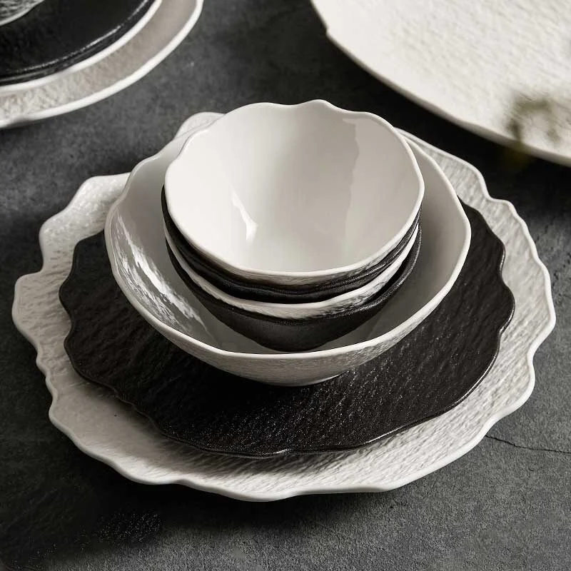 Japanese Style Black & White Stone Pattern Ceramic Tableware Set (3)