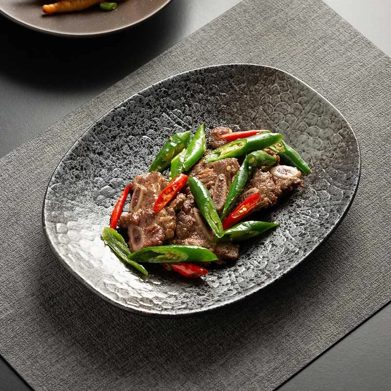 Japanese-Style Vintage Black Rock Ceramic Plate