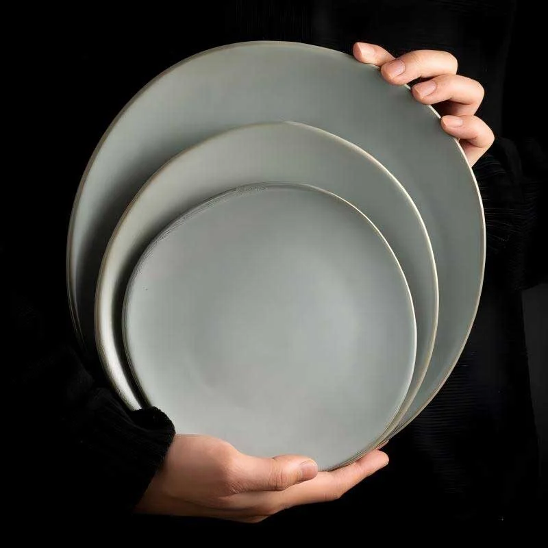 Kiln Transmutation Green Gray Japanese Vintage Shallow Ceramic Plate (5)