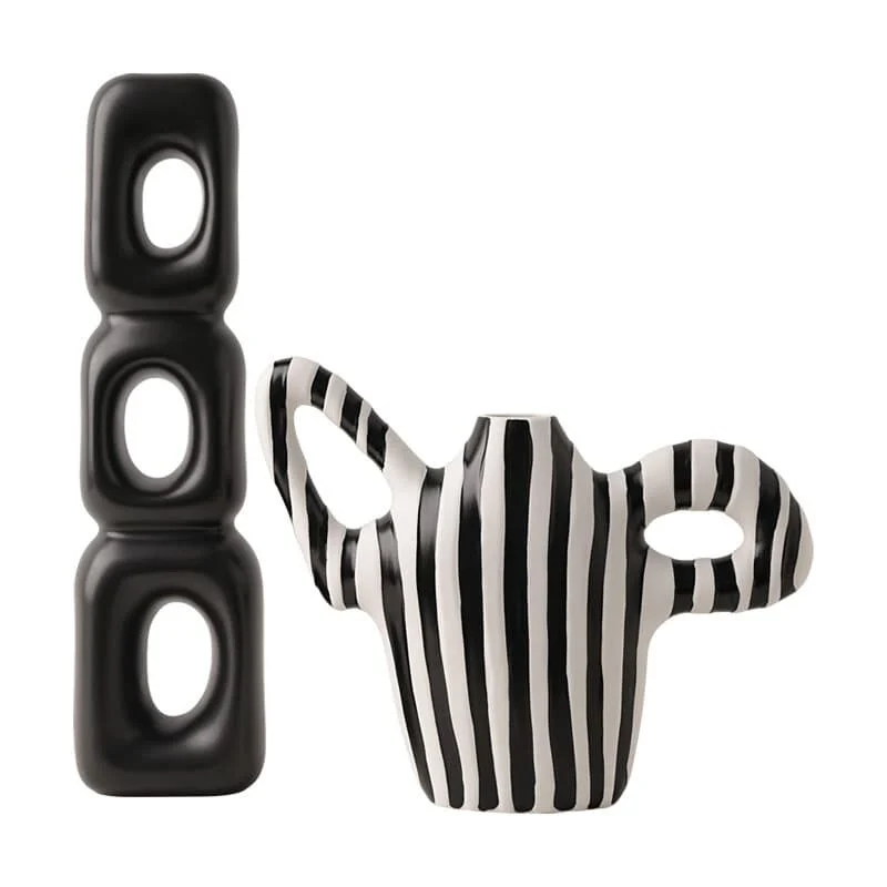 Monochrome Duo Ceramic Vase Set – Black & White Striped Design (1)