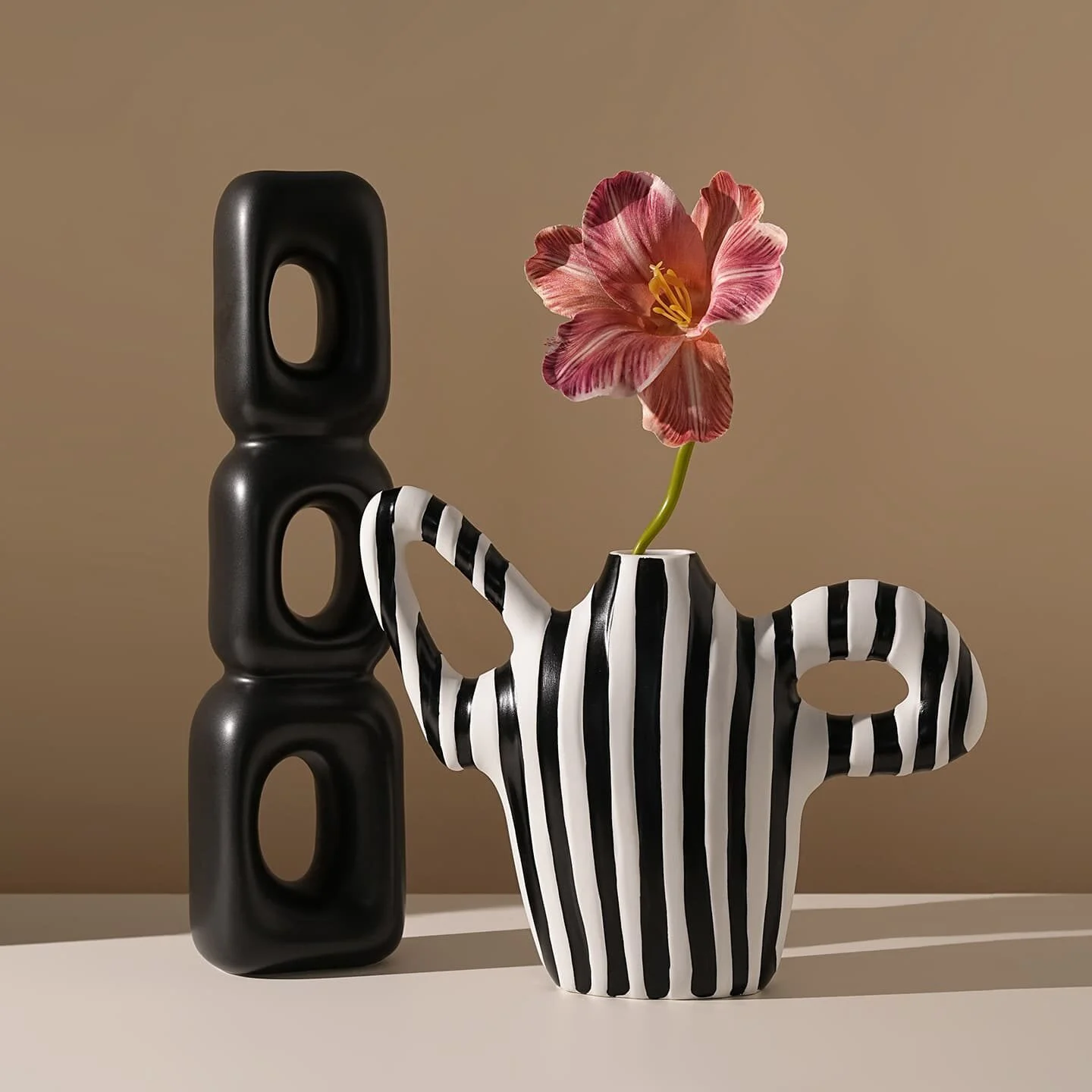 Monochrome Duo Ceramic Vase Set – Black & White Striped Design (4)