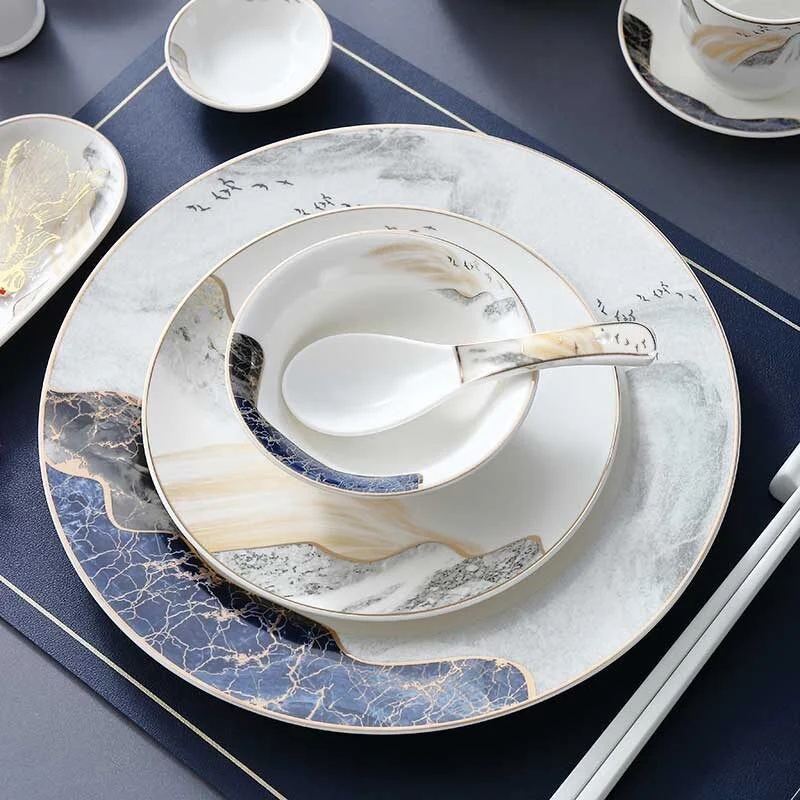 Premium Gold Trimmed Ceramic Dish & Bowl Set – Chinese Traditional Pattern (1)