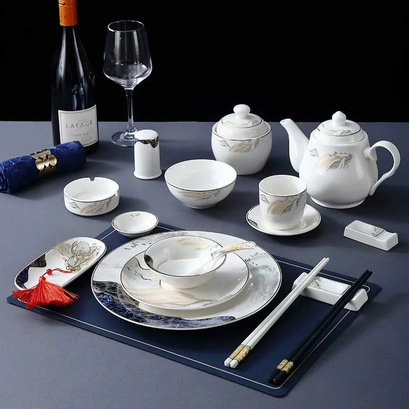 Premium Gold Trimmed Ceramic Dish & Bowl Set – Chinese Traditional Pattern (2)