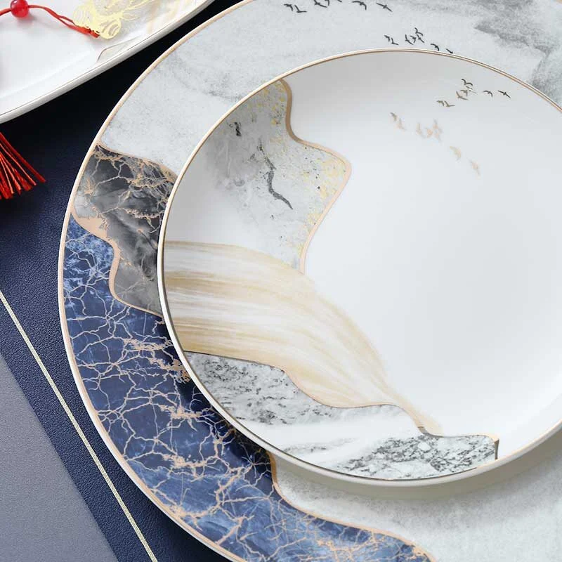 Premium Gold Trimmed Ceramic Dish & Bowl Set – Chinese Traditional Pattern (3)