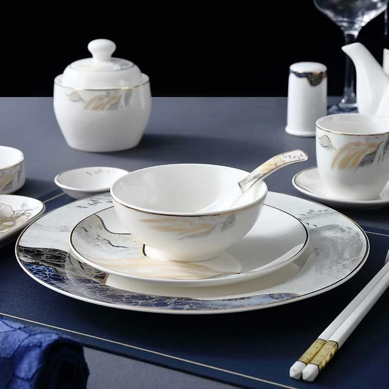 Premium Gold Trimmed Ceramic Dish & Bowl Set – Chinese Traditional Pattern (4)