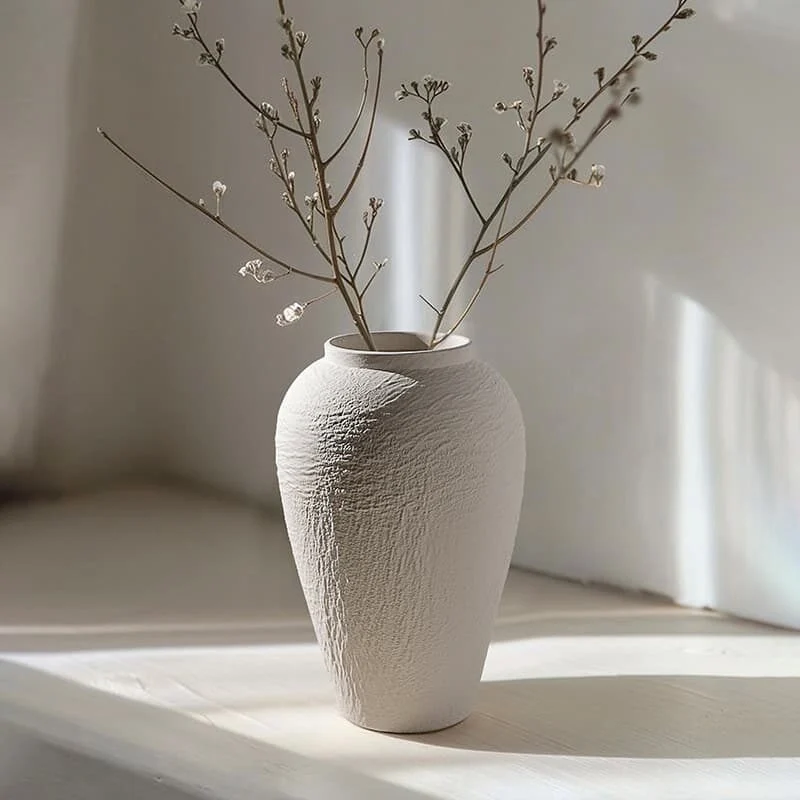 Shiroishi Wabi Sabi White Stone Textured Ceramic Round Jar Vase (2)