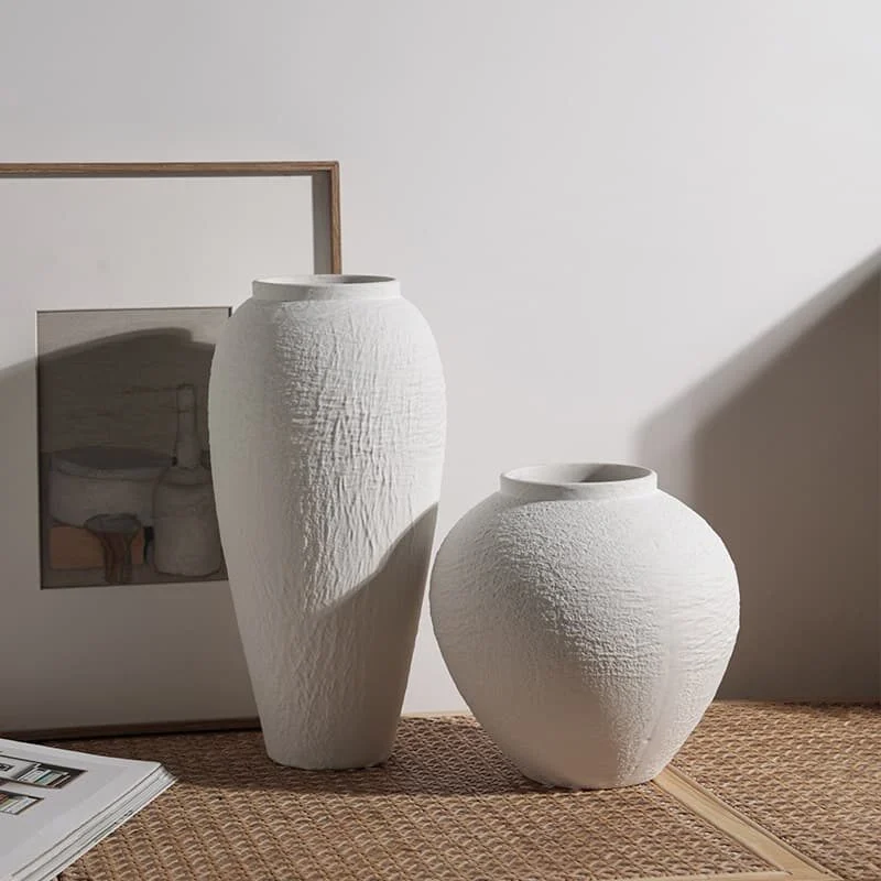 Shiroishi Wabi Sabi White Stone Textured Ceramic Round Jar Vase (3)