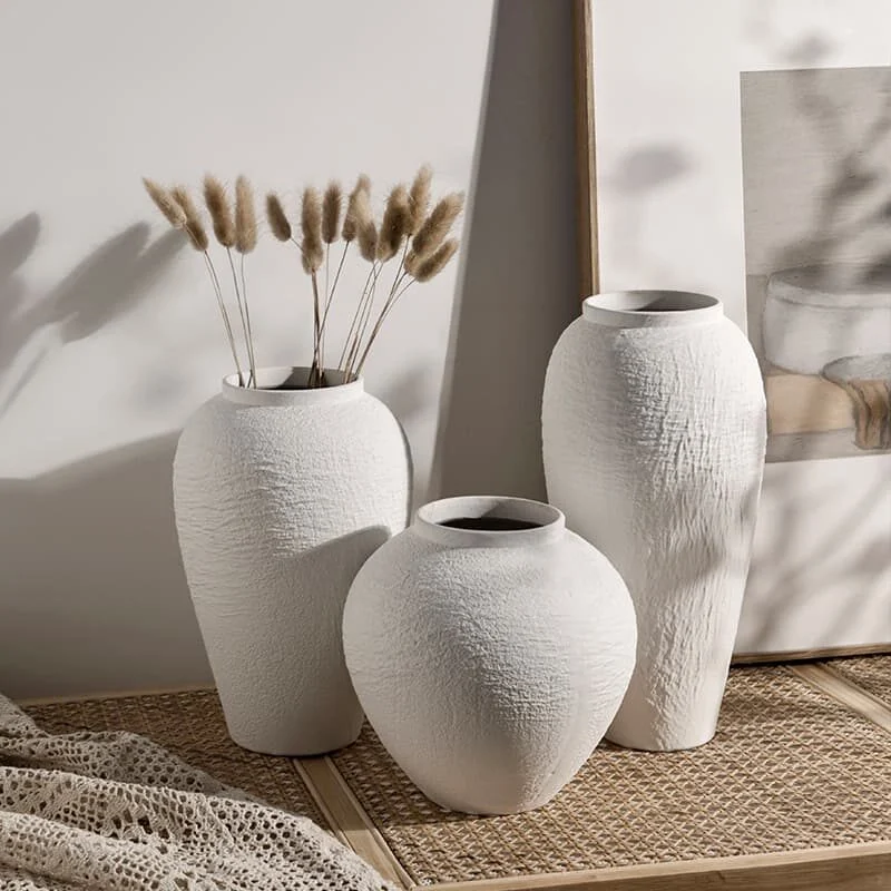 Shiroishi Wabi Sabi White Stone Textured Ceramic Round Jar Vase (4)