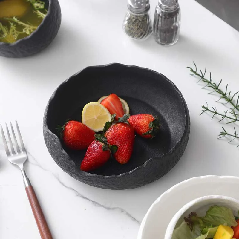 Stone Pattern Ceramic Salad Bowl With Irregular Edges (4)