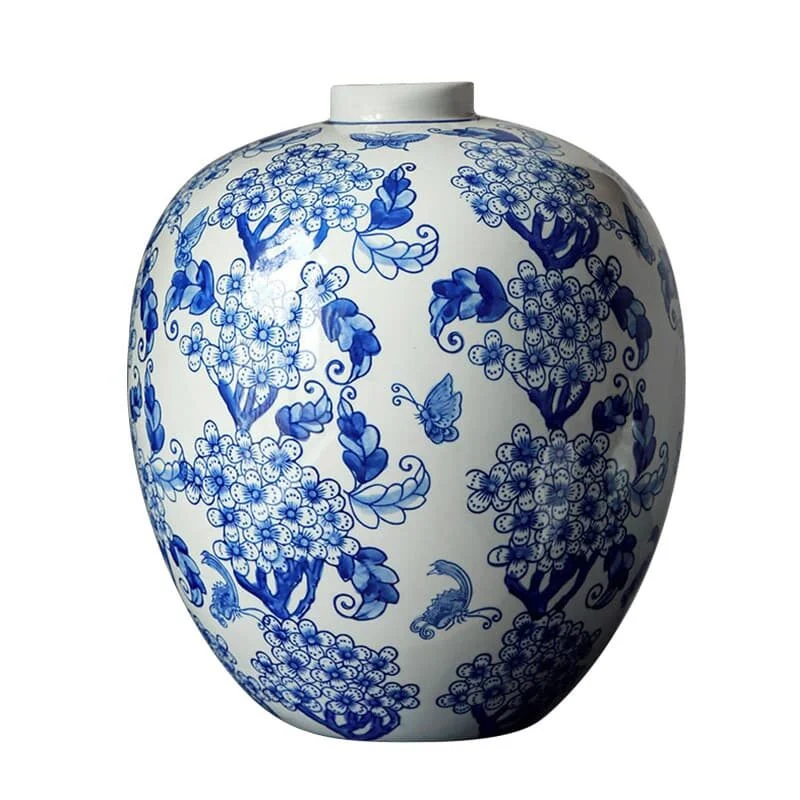 Vintage Blue & White Round Belly Flower Vase – Classic Oriental Décor (2)
