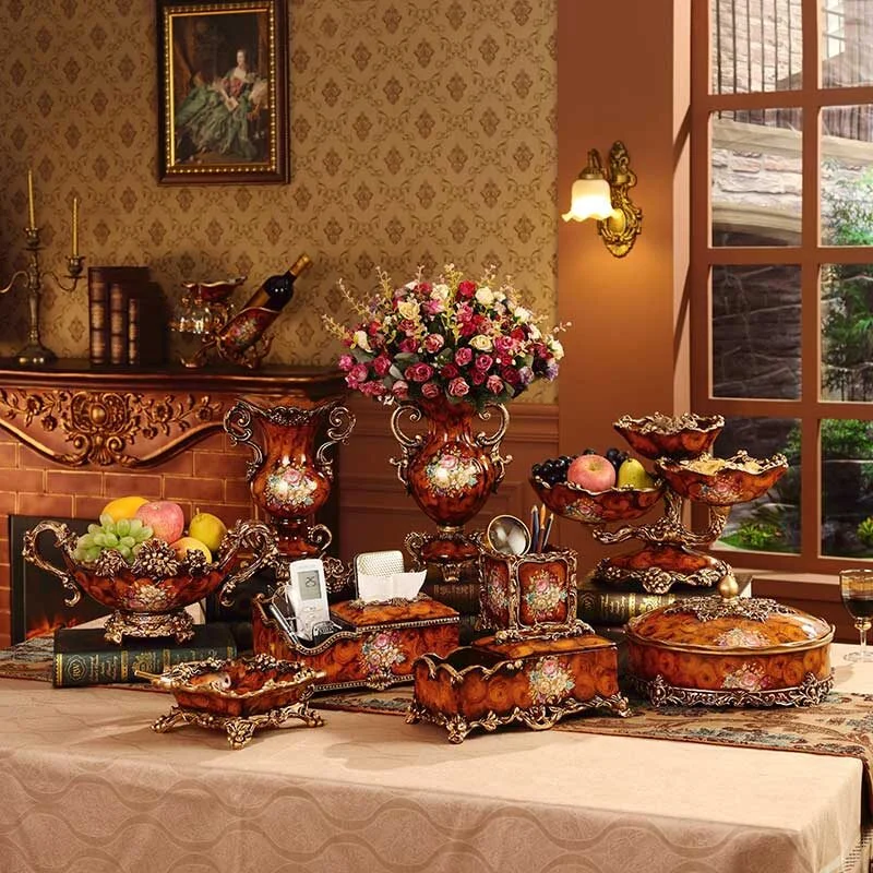 Vintage Wood Grain Resin Decorative Set – Fruit Tray, Storage & Coasters (2)