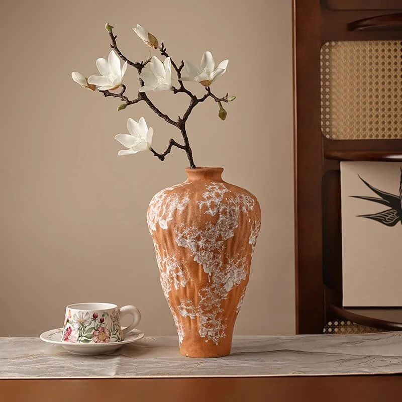 Vintage Zen Inspired Textured Orange Ceramic Round Belly Vase (1)