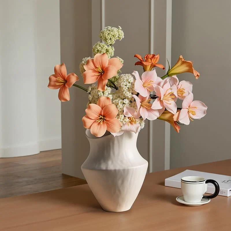 Wabi Sabi White Wide Mouth Ceramic Art Vase — Handcrafted Textured Belly Form (1)