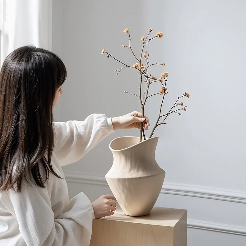 Wabi Sabi White Wide Mouth Ceramic Art Vase — Handcrafted Textured Belly Form (2)