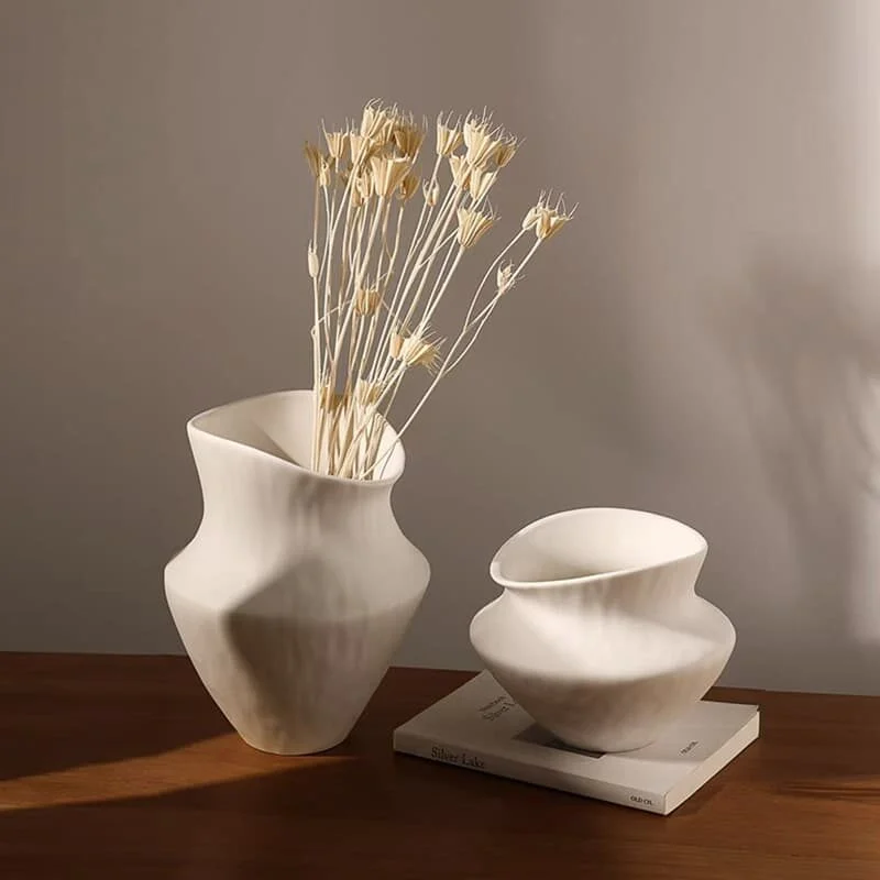 Wabi Sabi White Wide Mouth Ceramic Art Vase — Handcrafted Textured Belly Form (3)