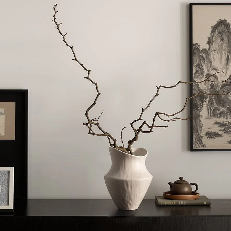 Wabi Sabi White Wide Mouth Ceramic Art Vase — Handcrafted Textured Belly Form (4)