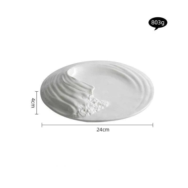 White Ceramic Plate With Rock Texture & Wave Elements (3)