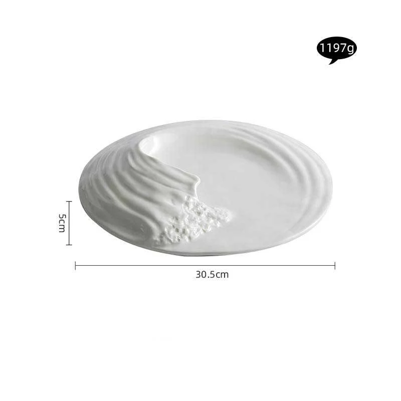 White Ceramic Plate With Rock Texture & Wave Elements (5)