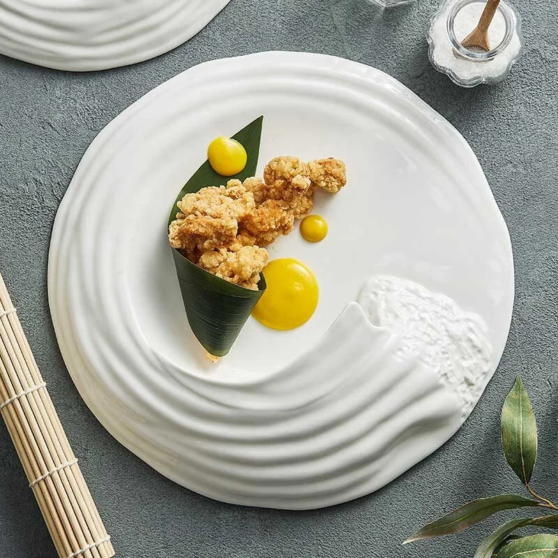 White Ceramic Plate With Rock Texture & Wave Elements (6)