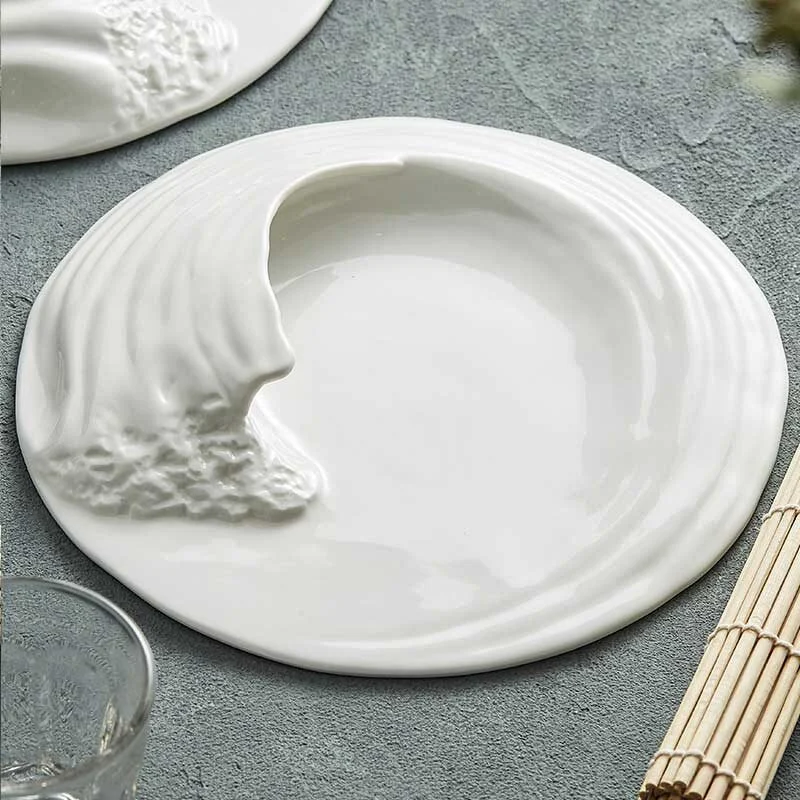 White Ceramic Plate With Rock Texture & Wave Elements (8)