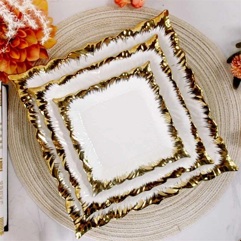 White Square Ceramic Snack Plate With Gold Trim (1)