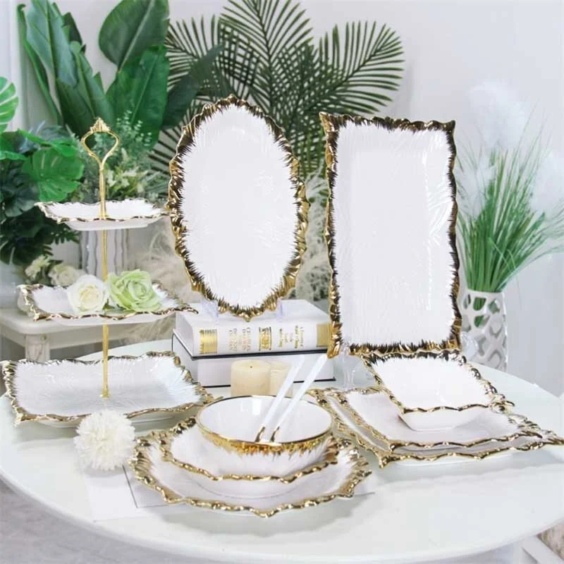 White Square Ceramic Snack Plate With Gold Trim (6)