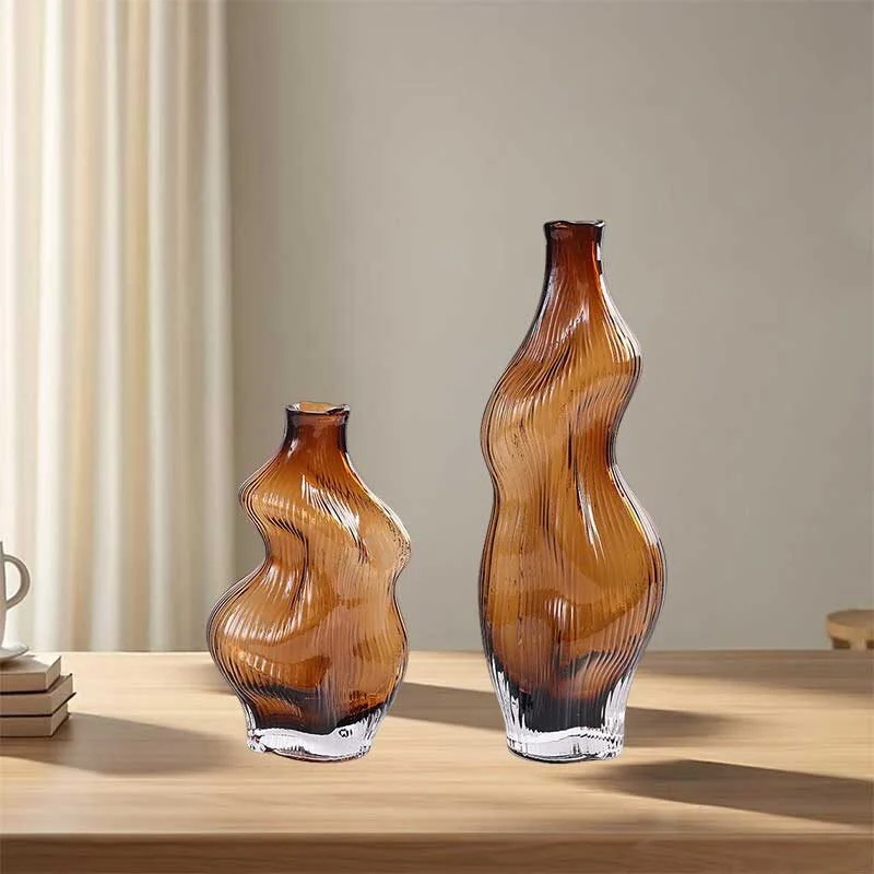 Brown Small Mouth Irregular Glass Vase – Organic Sculptural Decorative Flower Vase