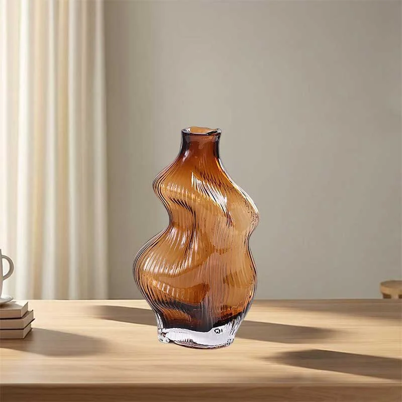 Brown Small Mouth Irregular Glass Vase – Organic Sculptural Decorative Flower Vase