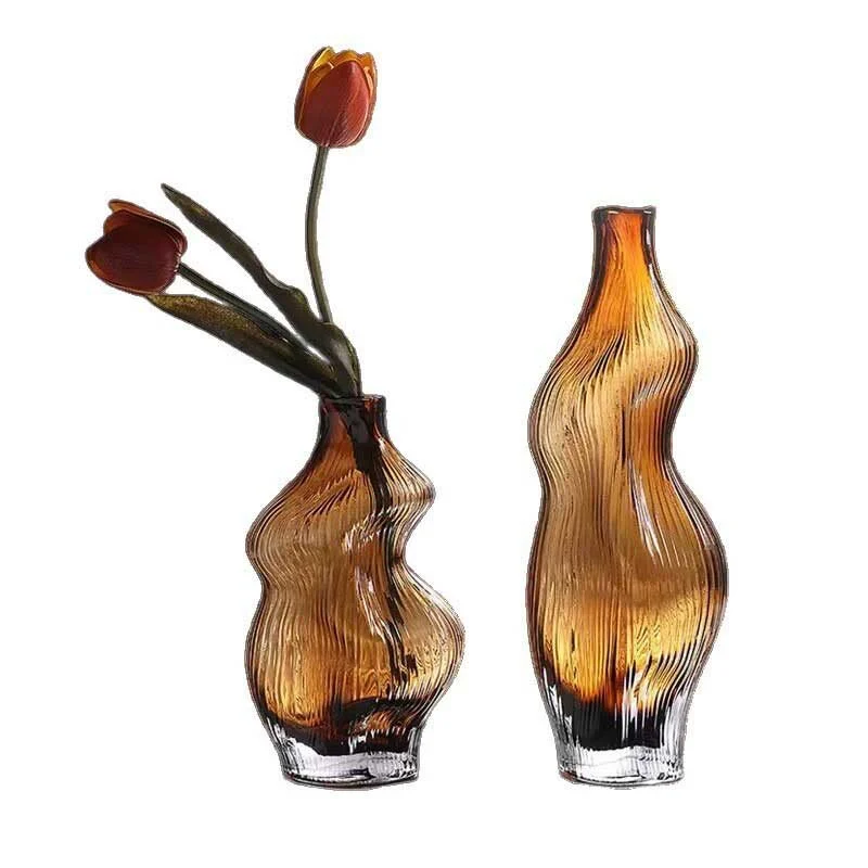 Brown Small Mouth Irregular Glass Vase – Organic Sculptural Decorative Flower Vase