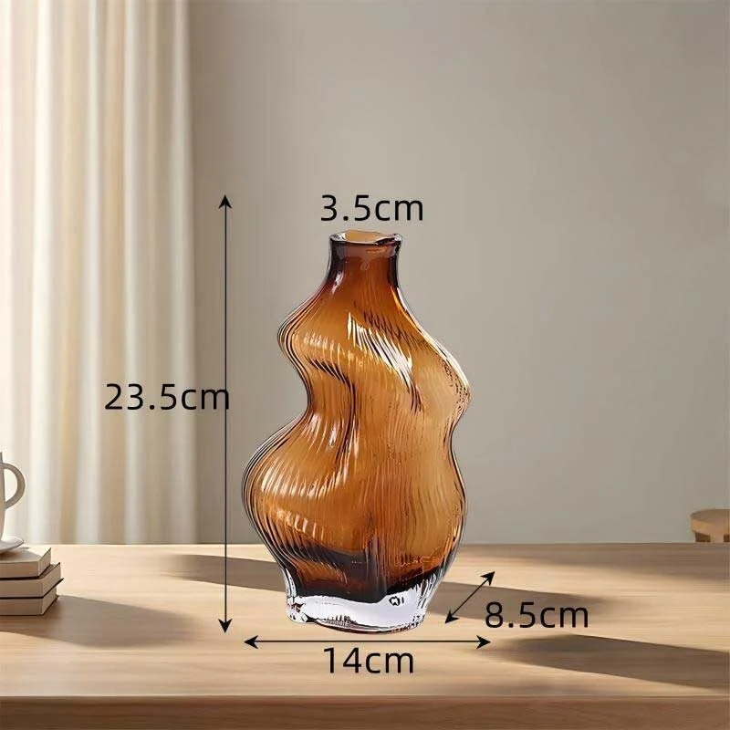 Brown Small Mouth Irregular Glass Vase – Organic Sculptural Decorative Flower Vase