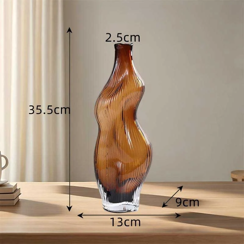 Brown Small Mouth Irregular Glass Vase – Organic Sculptural Decorative Flower Vase