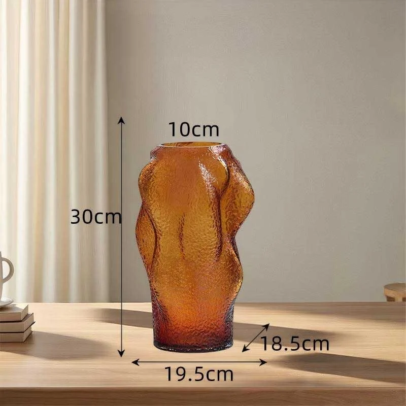 Brown Small Mouth Irregular Glass Vase – Organic Sculptural Decorative Flower Vase