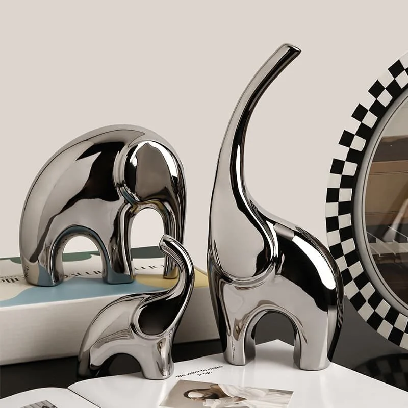 陶瓷镀银三口之家大象摆件 (2)