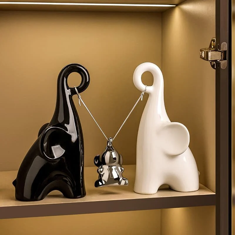 黑白大象三口之家陶瓷摆件 (2)